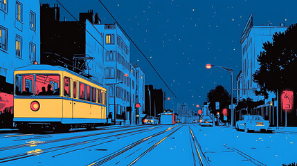 Obraz premium A yellow tram travels down a street at night with stars in the sky and street lights.