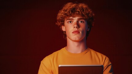 Student with tablet using LiFi light in library, instant connectivity, modern academic tech