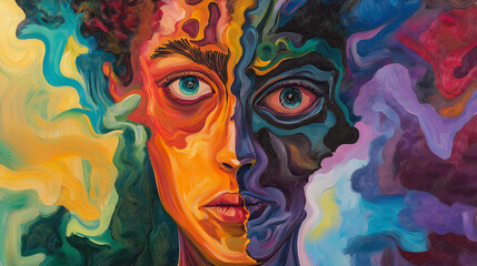 Fototapeta premium A human fragmented face representing hallucinations and reality. schizophrenia, personality disorder concepts.