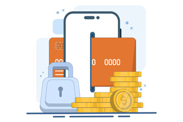 Online financial security concept, Smartphone with payment card, online payment with protection, lock, security for online shopping, gold coins in the background, Digital marketing illustration.