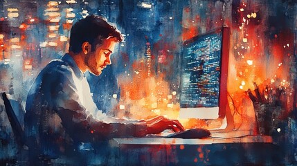 Watercolor Painting of White Man Programmer Working on Glowing Code at Night