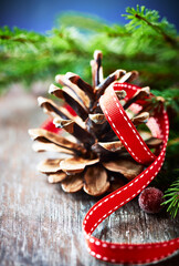 Christmas decoration on rustic wooden background. Close up.