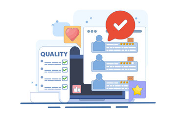 Quality control concept implementing quality control process. quality control or approval, assurance checklist document, assurance concept, company policy or compliance. flat vector illustration.