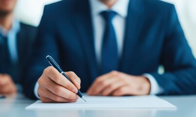 A close-up shot of a formal document being signed with a black pen on a wooden desk, surrounded by scattered papers and office supplies