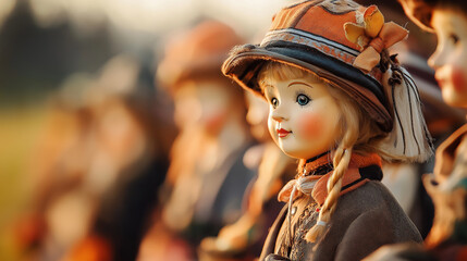 Obraz premium A porcelain doll with blonde hair and a hat, puppet theatre background.