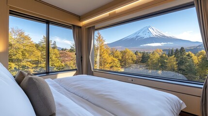 A breathtaking view of Mount Fuji fills the window as colorful autumn trees line the tracks visible...