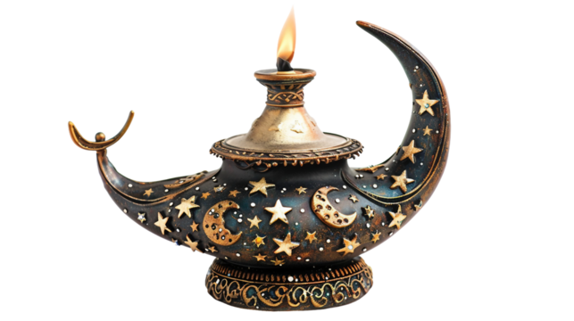 Elegant Celestial Oil Lamp with Moon Motif on white background