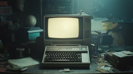 Dusty, retro computer on a cluttered desk, faint glow from the screen capturing early computing nostalgia.