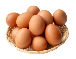 Top view of group of fresh brown chicken eggs in stack in wicker basket isolated on white background with clipping path