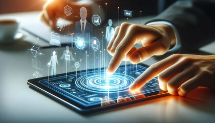 3D Close Up Hands Tapping Futuristic Tablet Glowing Light Macro Shot Professional Interface Business Meeting Productivity Collaboration Concept Icon