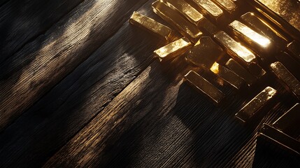 A flat lay of diamonds and gold bars on a dark wood surface, with shadows adding depth
