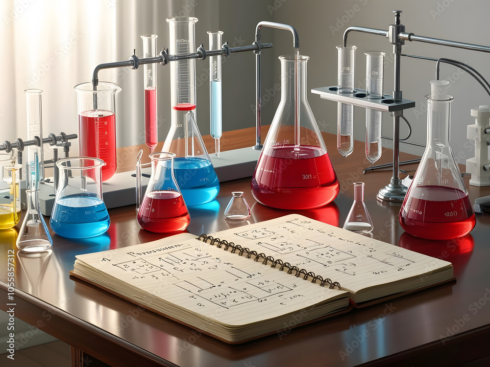 Poster a vibrant laboratory scene featuring colorful liquids in glassware, with an open scientific notebook