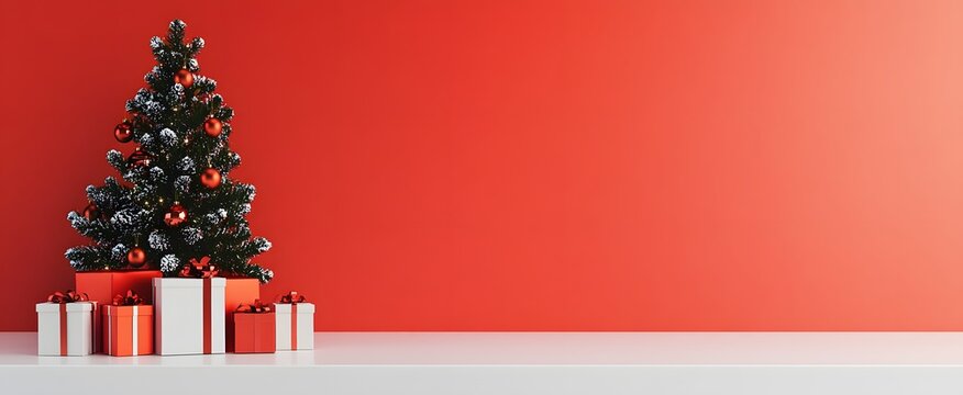 Christmas scene for showcasing cosmetic products. plinth for product demonstration on a red festive background. 