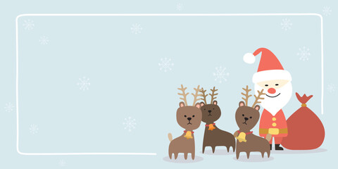 Cute Santa Claus and reindeers childish style with doodle frame and snowflakes background have blank space graphic illustration. Merry Christmas greeting card template.