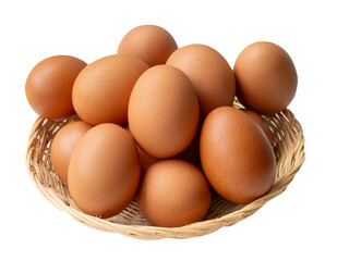 Top view of group of fresh brown chicken eggs in stack in wicker basket isolated with clipping path in png file format