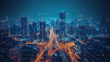 Futuristic cityscape with skyscrapers and roads symbolizes sustainable urban planning 