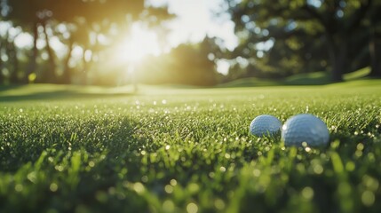 Golf balls and clubs on a lush lawn in the morning sun on a stunning golf course. Golf equipment in closeup on verdant grass.