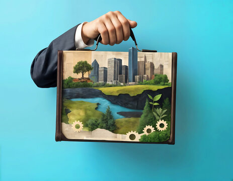 Main tenant une mallette &eacute;cologie et affaires, collage concept de protection de l'environnement, durabilit&eacute;, responsabilit&eacute; sociale