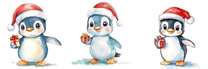 Fototapeta premium Cute, festive penguins wearing Santa hats and holding gifts, perfect for holiday celebrations.