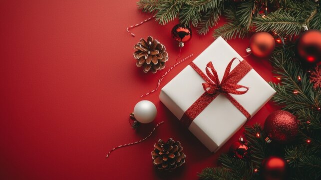festive flat lay shows white gift box with a red ribbon surrounded ornaments pinecones and greenery on bright red background capturing a cheerful holiday vibe.