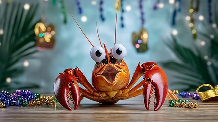 Cheerful crab with big eyes celebrates mardi gras surrounded by colorful beads and festive decor in a fun tropical setting