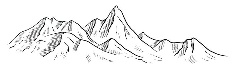 Mountain Range vector illustration. Linear drawing in Black and White Ink of hills for travel and cartography design. Etching of rocks painted in line art style. Etch of relief landscape with peak. © Alisles