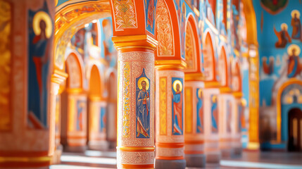 Ornate columns in a Russian Orthodox church, decorated with religious imagery and vibrant colors.