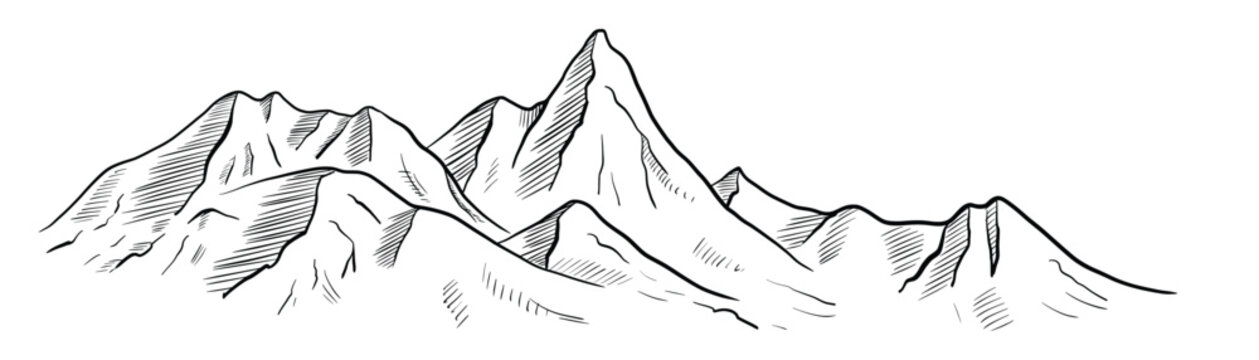 Mountain Range vector illustration. Linear drawing in Black and White Ink of hills for travel and cartography design. Etching of rocks painted in line art style. Etch of relief landscape with peak.