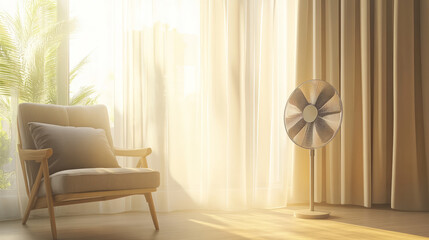 Fans - A modern pedestal fan oscillating in a brightly lit room, blowing a light breeze with gently swaying curtains and a comfortable armchair