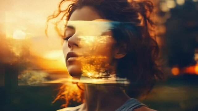 Double Exposure Portrait of a Young Woman with Closed Eyes and Blurred Nature: Inner World, Zen, and AI Concepts.
