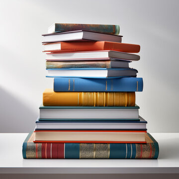 Pilha de livros coloridos sob mesa de tampo branco. Escola, ensino e educa&ccedil;&atilde;o. Aprendizagem, neg&oacute;cios. Leitura, ler para crescer, intelig&ecirc;ncia.