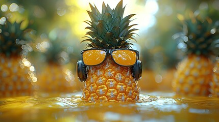 A vibrant pineapple wearing oversized sunglasses and headphones, perfect for promoting World Vegan Month, music festivals, or tropical-themed events with sunny cheer.