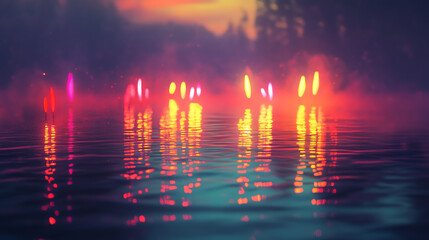 Vibrant firecrackers illuminating a serene lake at dusk creating a magical reflection of colorful lights on the water's surface