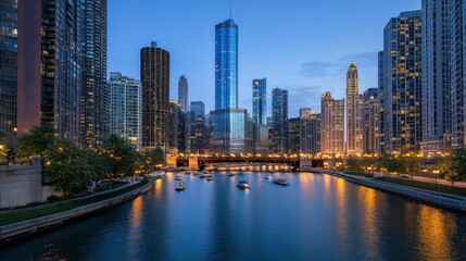 Fototapeta premium Chicago Skyline with River and Boats at Dusk