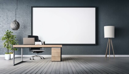 Modern office interior with large blank poster frame on the wall. 3D Rendering