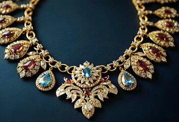 Close up of luxurious exquisite vintage luxury necklace decorated with intricate gold patterns and elegant gemstones, jewelry, accessory, fashion