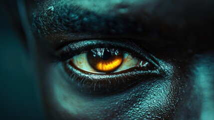 Close-up of a black man eye glowing highlighting intricate dark background