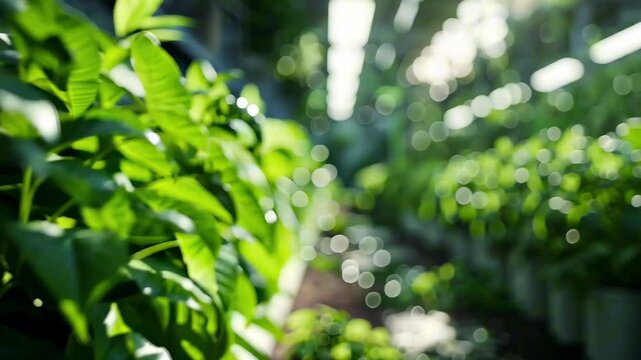 Hydroponic farm with green crops under bright artificial lighting. Lush leaves and plants arranged in rows