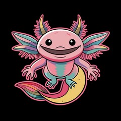 Vibrant whimsical axolotl illustration with rainbow colors for kids designs