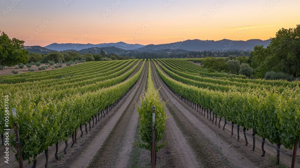 Poster Sunset Over a Vineyard with Rows of Grapevines