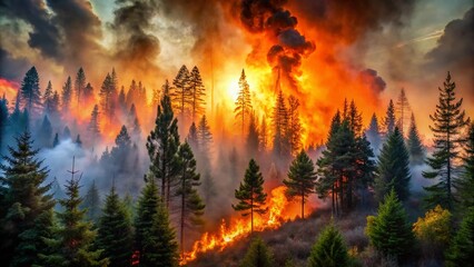 Fototapeta premium Intense Forest Fire Erupts Through Pine Trees, Eerie Orange Glow in Minimalist Photography