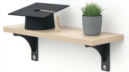 Graduation Cap on Shelf with Potted Plant Decor