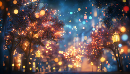 A vibrant celebration firecrackers illuminate colorful trees in a enchanting night scene