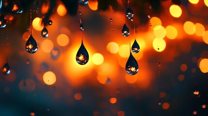 Water droplets suspended in the air, with fire reflected in the background, creating a dynamic contrast