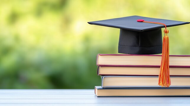 Graduation Cap on Stacked Books in Outdoor Setting