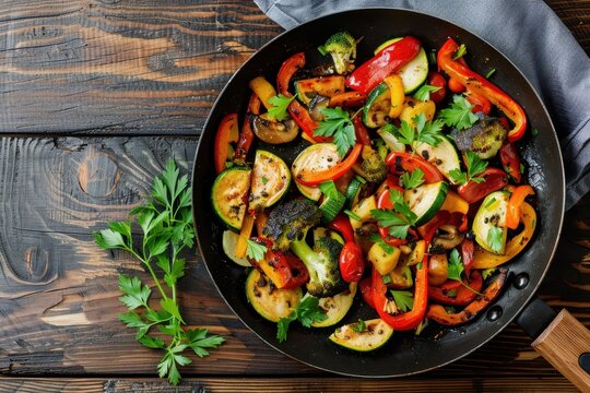 Top view of vegetable saute in frying pan on wood background