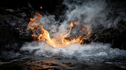 Water streaming down from above and meeting fire on the ground, with steam rising between them