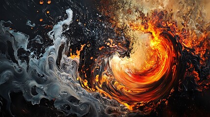 A close-up of fire and water swirling together, with intricate details in the motion of both elements