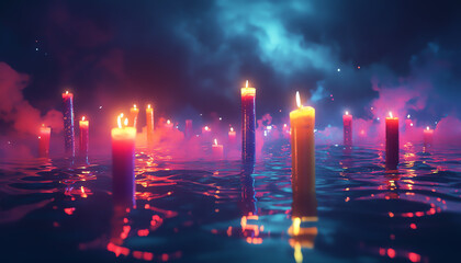 Vibrant reflections colorful candles illuminating a mystical night on water surfaces