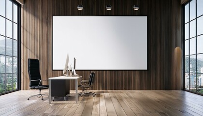 Modern office interior with large windows and blank poster on dark wooden wall. 3D Rendering